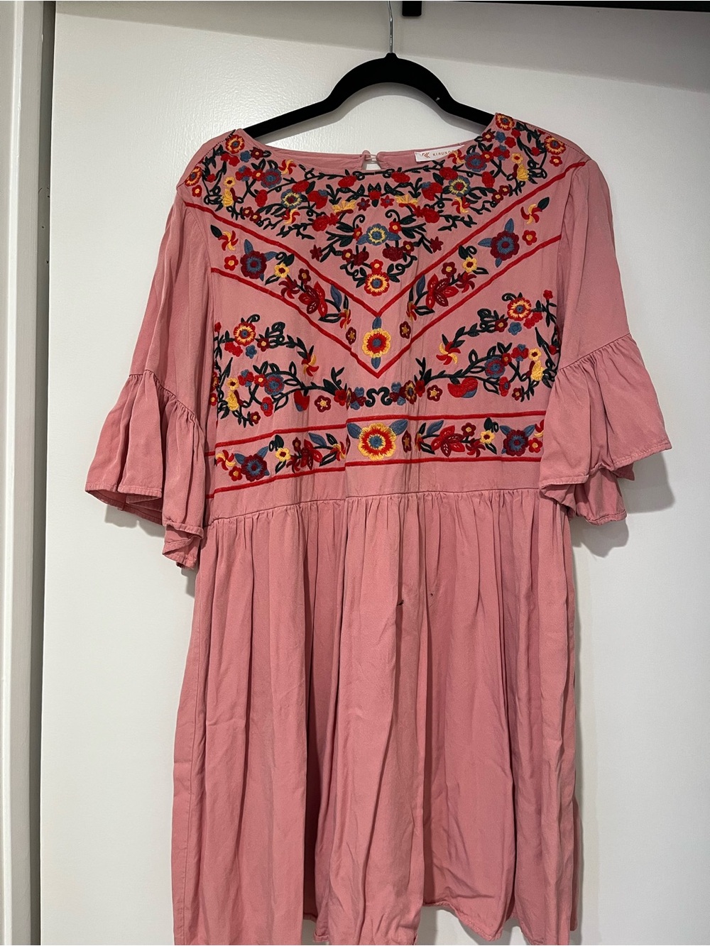 Boho Pink Embroidered Mini Dress